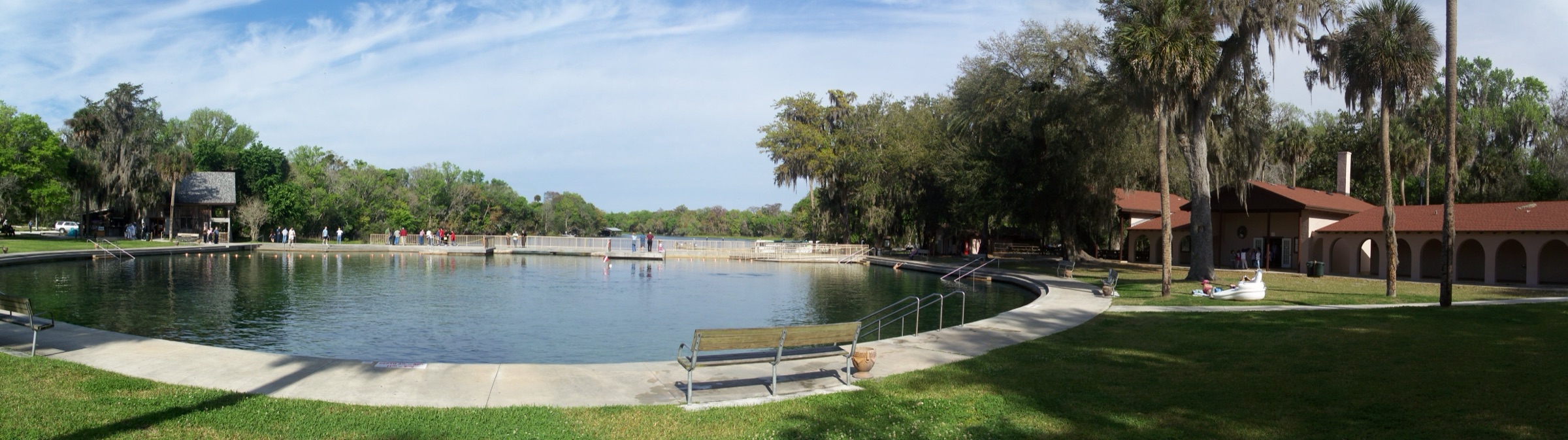 Crystal-clear turquoise Florida spring run lined with cypress and palmetto under morning light