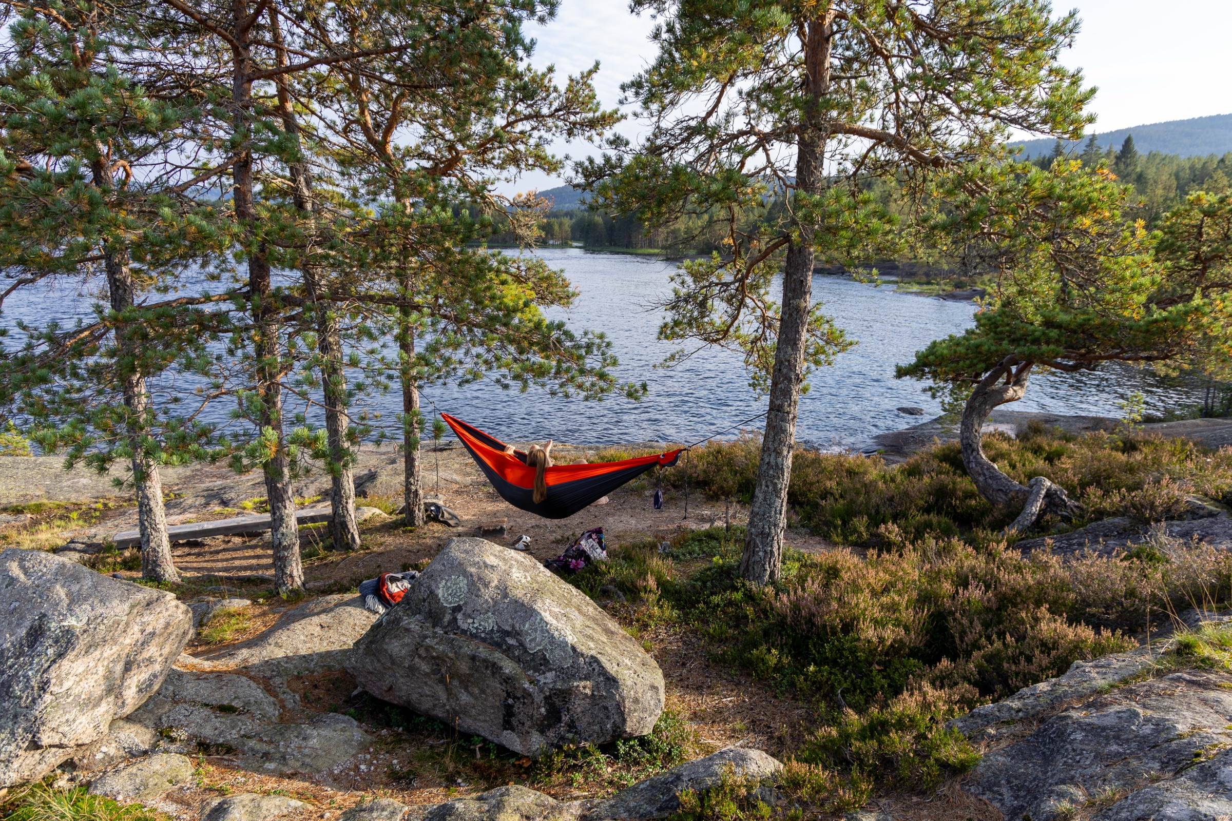 A person resting in a camping hammock strung between two trees in a lush forest