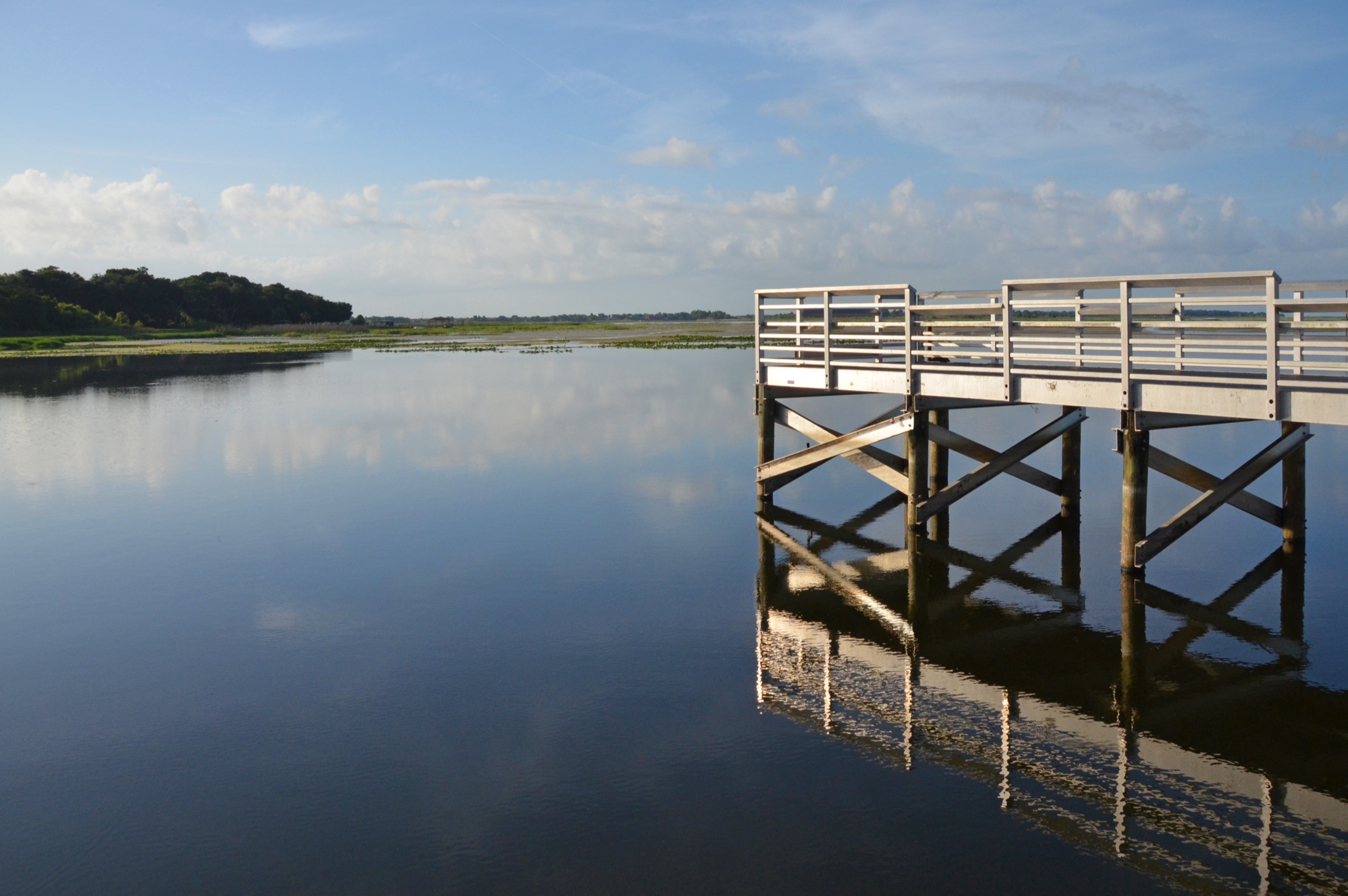Wide landscape view of Lake Tohopekaliga near Kissimmee, Florida, with a bridge crossing the calm water under a blue sky