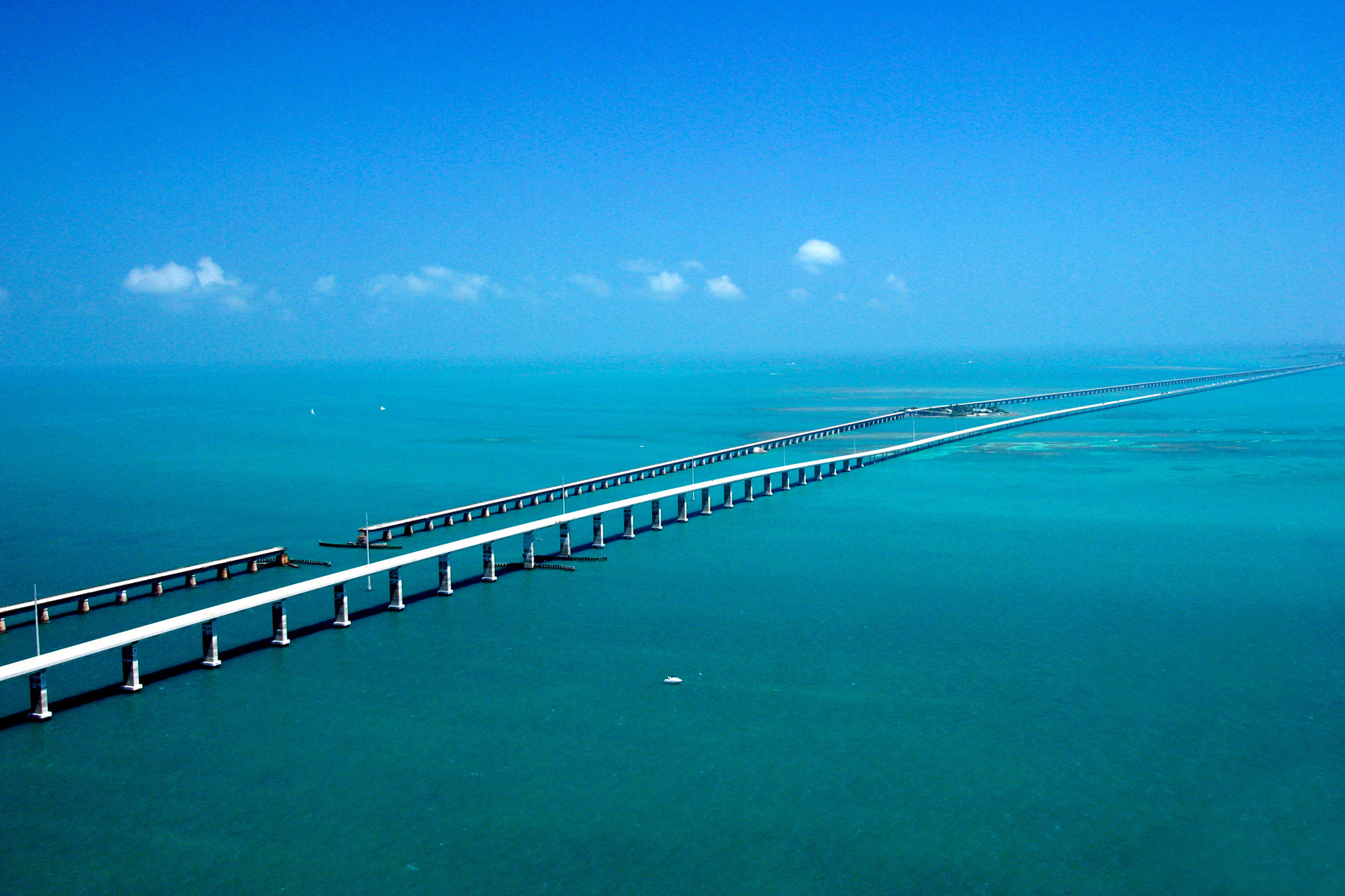 Aerial of the Seven Mile Bridge carrying US-1 over the turquoise Florida Keys