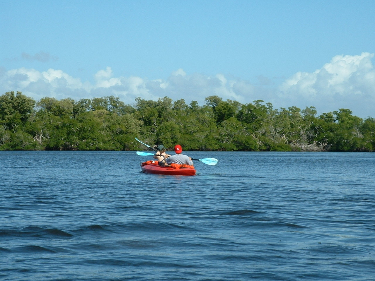 Kayakers paddling on Estero Bay near Fort Myers Beach, Florida, surrounded by calm coastal waters