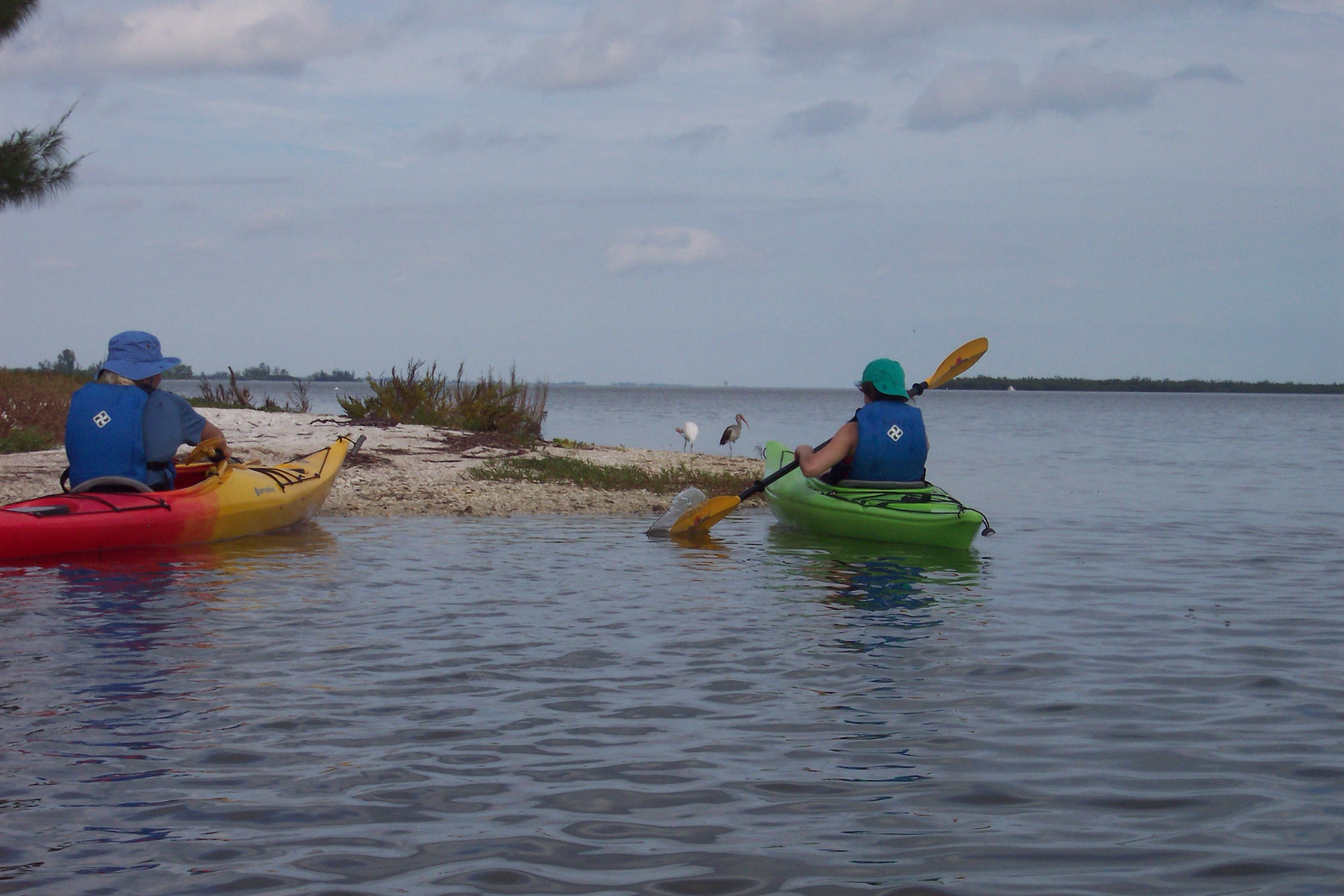 Two kayakers resting at a sandbar on the calm, glassy Indian River Lagoon in Florida, with shorebirds visible in the background