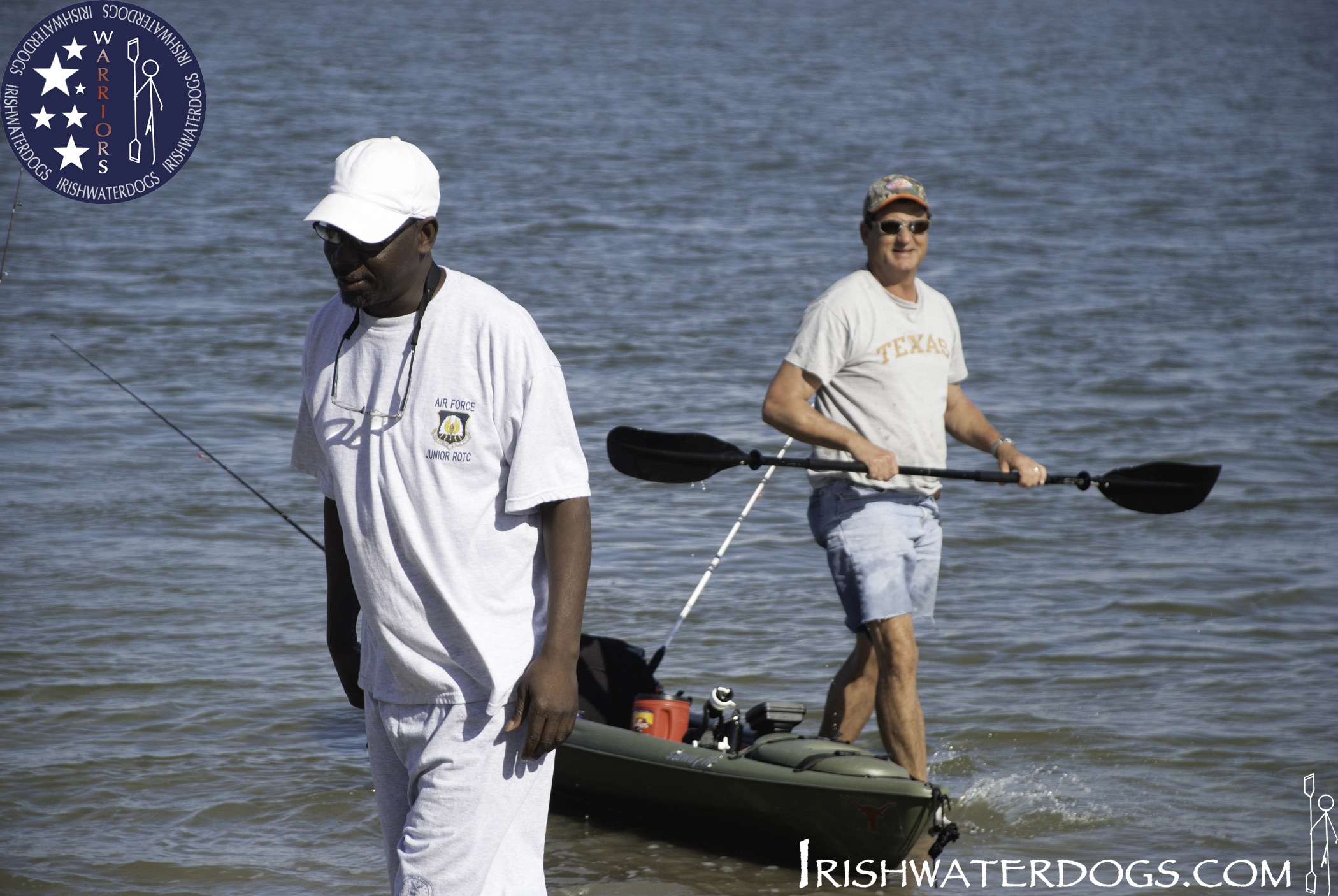 Kayakers fishing from sit-on-top kayaks on calm Florida waters on a sunny day